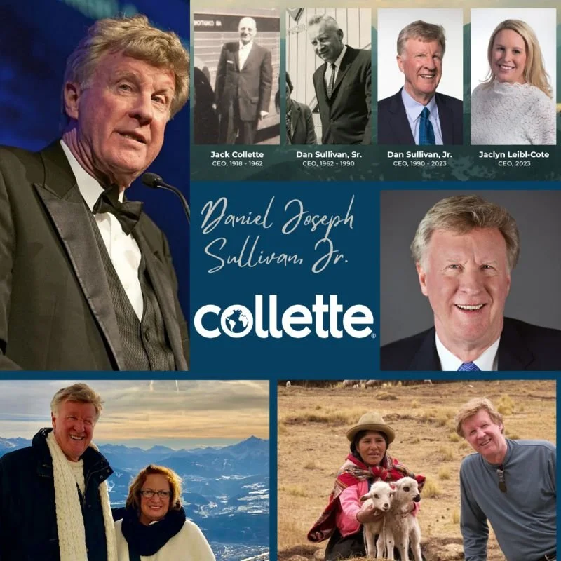 Collage of photographs of Daniel Joseph Sullivan Jr., displaying his family, career, and personal moments. Top left shows him at a formal event, while the top right features a professional headshot. The second row has historical photos of early career moments, and the bottom row shows him enjoying outdoor scenery and with a woman and puppies.