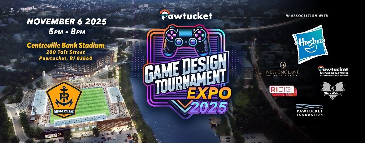 Event poster for the Game Design Tournament Expo 2025, scheduled for November 6, 2025, from 5 PM to 8 PM at Centerville Bank Stadium in Pawtucket, Rhode Island. The poster features a neon-style game controller, the event title, and logos of sponsors and partners including Hasbro, Rhode Island FC, and others.