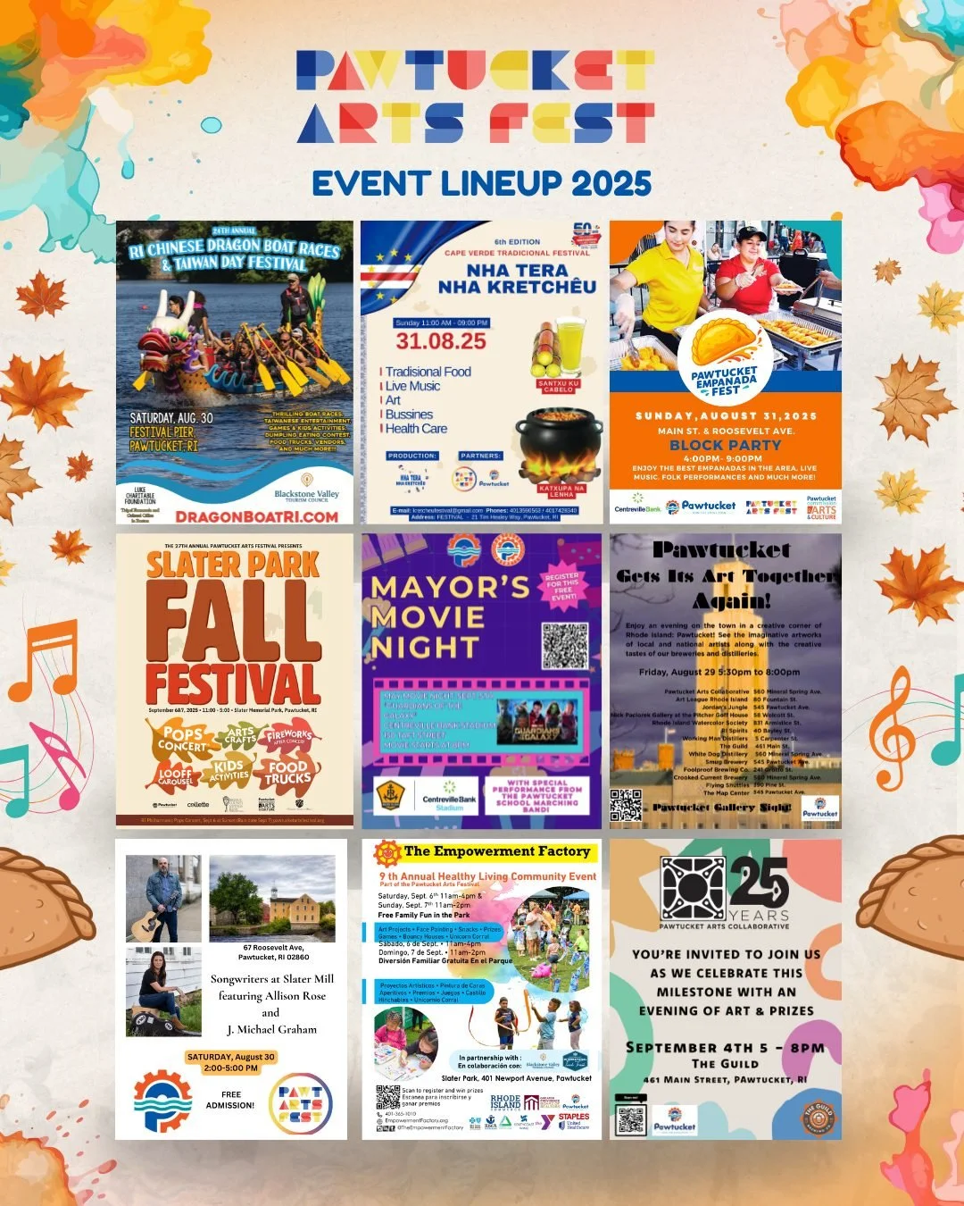 A colorful poster showcasing various arts, food festivals, community events, and performances happening in Pawtucket, Rhode Island in 2025, including dragon boat races, fall festival, movie night, art events, and a community celebration.