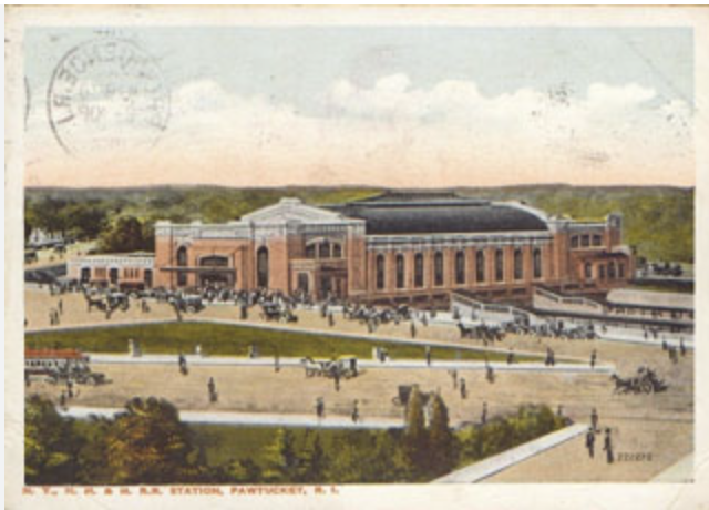 Vintage illustration of Buffalo Central Station in Pawtucket, Rhode Island, with people walking and horse-drawn carriages in front.