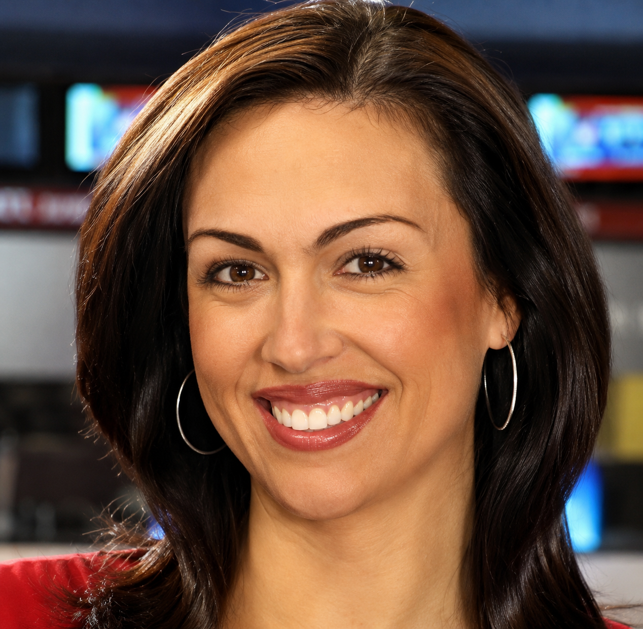 A woman with brown hair, hoop earrings, and a bright smile, indoors with televisions in the background.