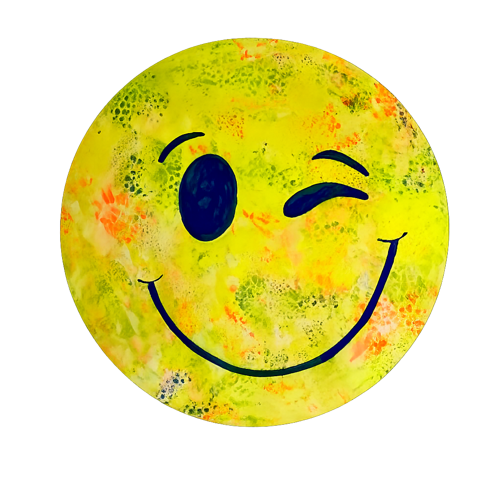 Kunstvolles Bild eines lachenden, fröhlichen Smiley-Gesichts mit gelber, moosartiger Textur, schwarzen Augen und Mund auf dunklem Hintergrund.