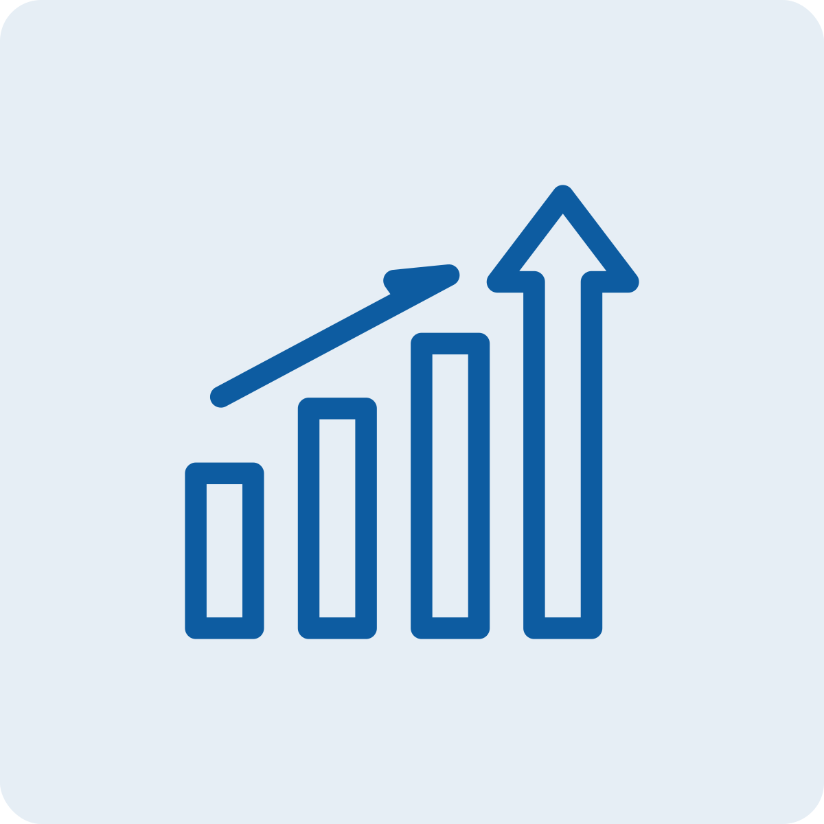 A blue line graph with increasing bars from left to right and an upward-pointing arrow indicating growth.