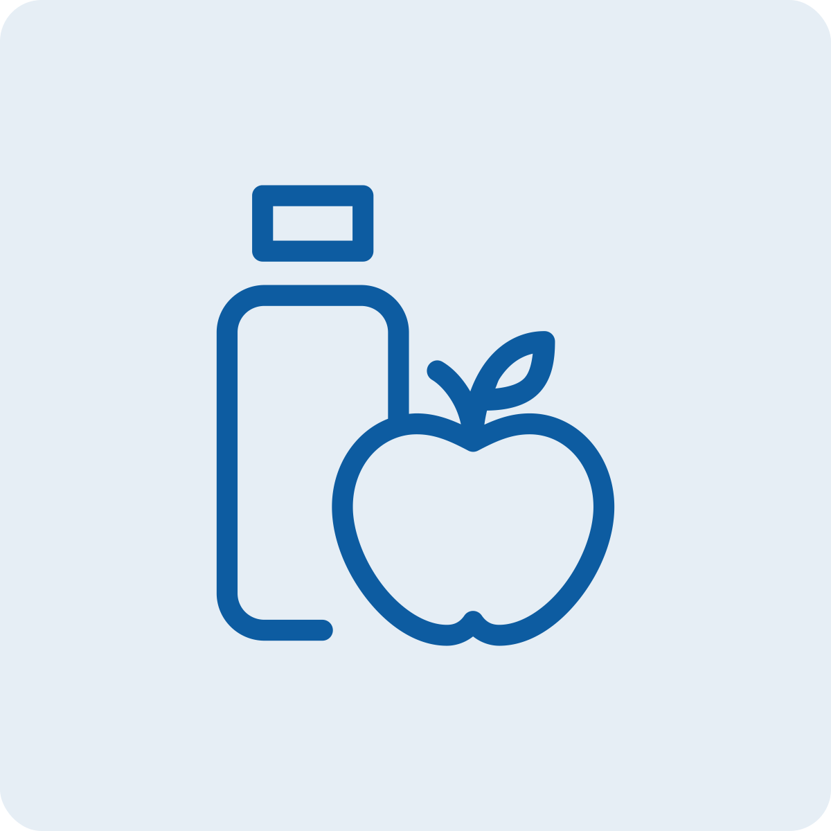 Line drawing of a water bottle and an apple with a leaf.