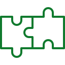 Outline of three interconnected puzzle pieces in black with green borders.