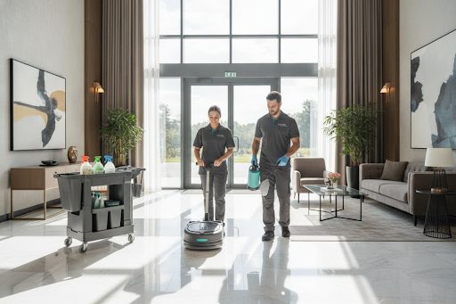 Two people, a man and a woman, walking through a hotel lobby with a robot vacuum cleaner in front of them, surrounded by plants, artwork, and furniture.