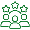 Three outlined figures with three stars above their heads, on a black background.