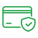 Green credit card icon with a shield and checkmark.