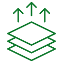 Icon of layered, stacked paper or layers with upward arrows