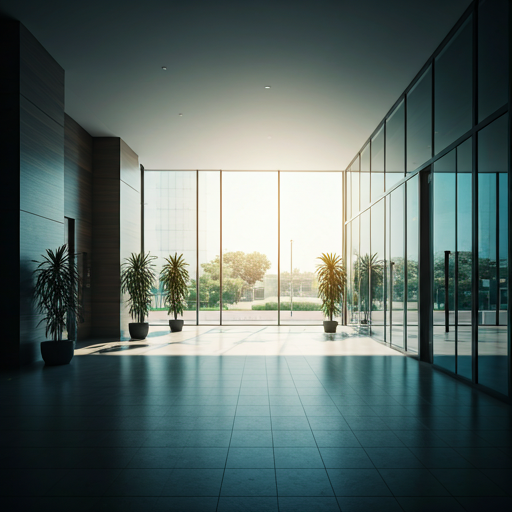 Interior view of a modern building lobby with large glass windows, potted plants, and natural light.