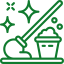 A cartoon-style image of a mop and bucket, indicating cleaning or janitorial work.