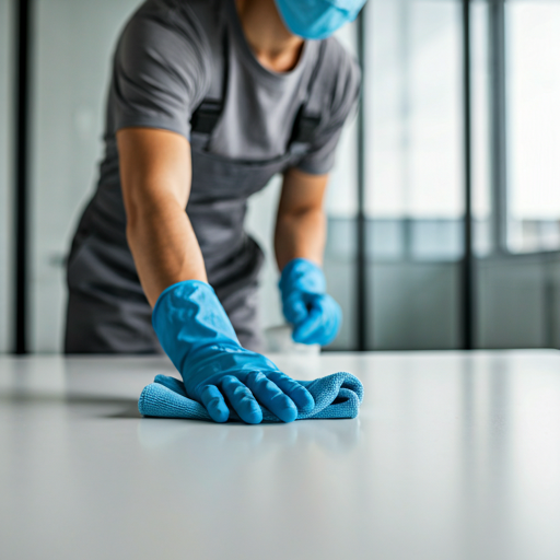 Person cleaning a white table with a cloth, wearing blue gloves and a face mask.