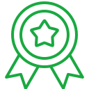 A green award ribbon or medal with a star in the center.