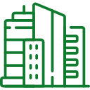 Outline of a city skyline with several tall buildings.