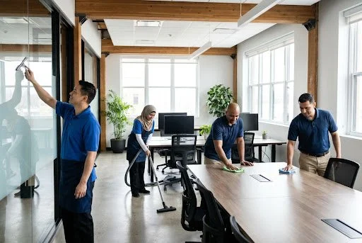 People cleaning a modern office conference room with large windows and wooden beams.