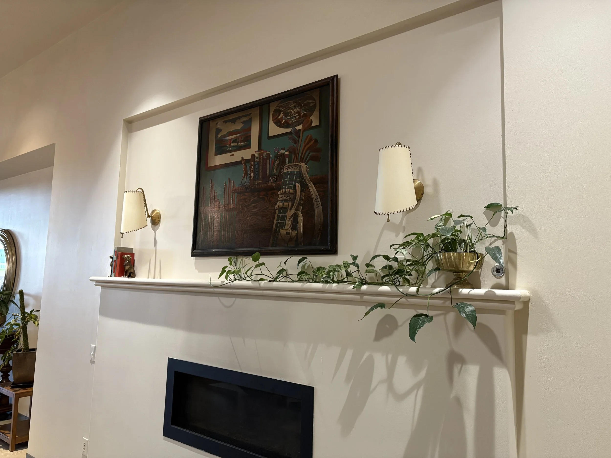 Living room with white wall, framed artwork, wall lamps, and a green potted plant.