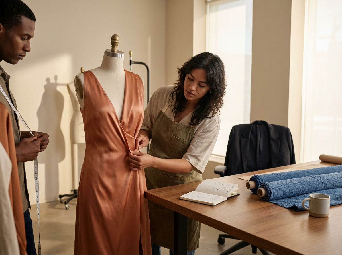 Fashion designer fitting a satin peach-colored dress on a mannequin, with measurements and fabric swatches on the table.