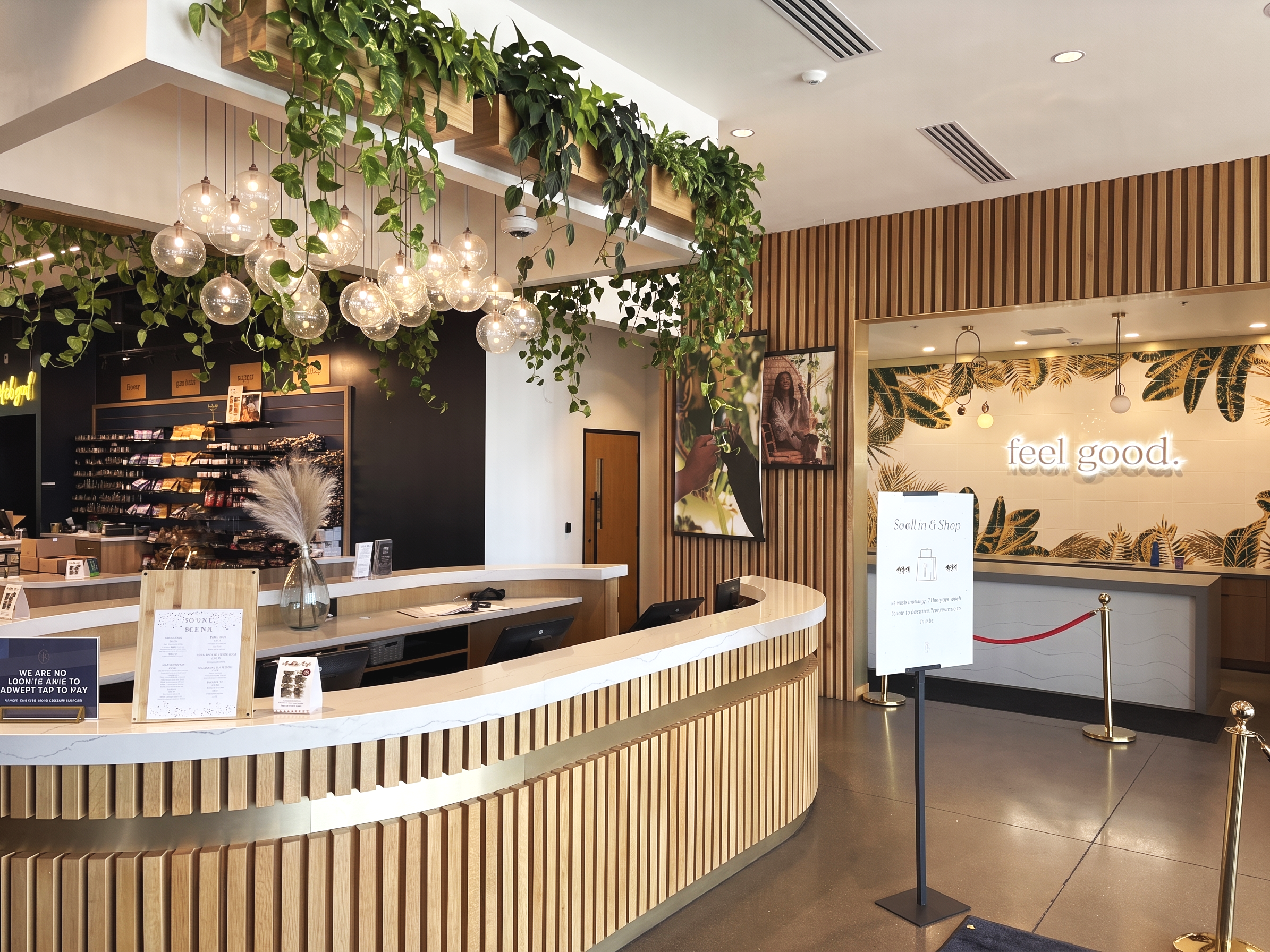 Custom wooden planter boxes mounted high above a security desk
