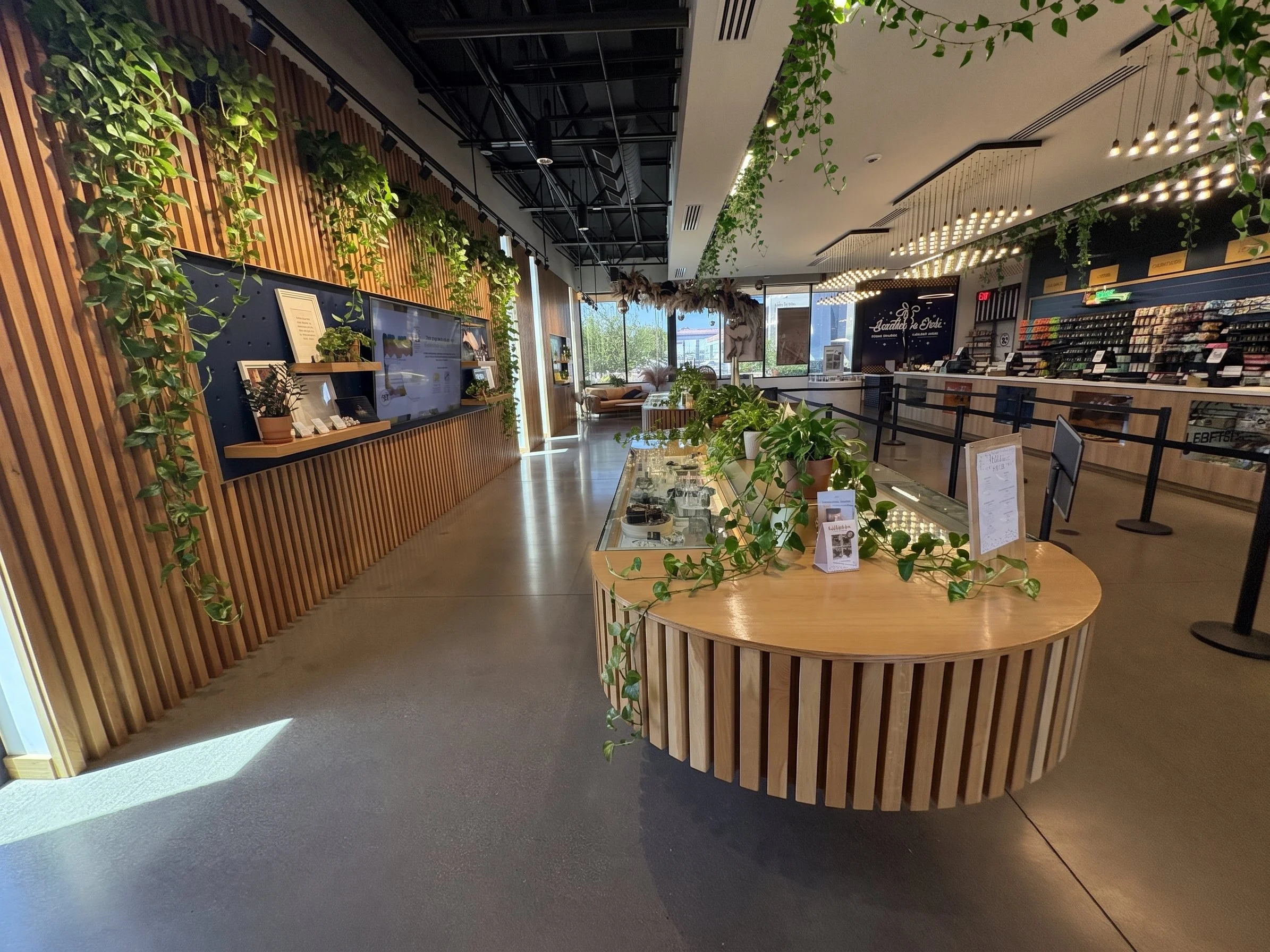 Interior of a modern store or cafe with wooden panel decor, green plants, and a checkout counter in the background. Natural light coming through large windows.