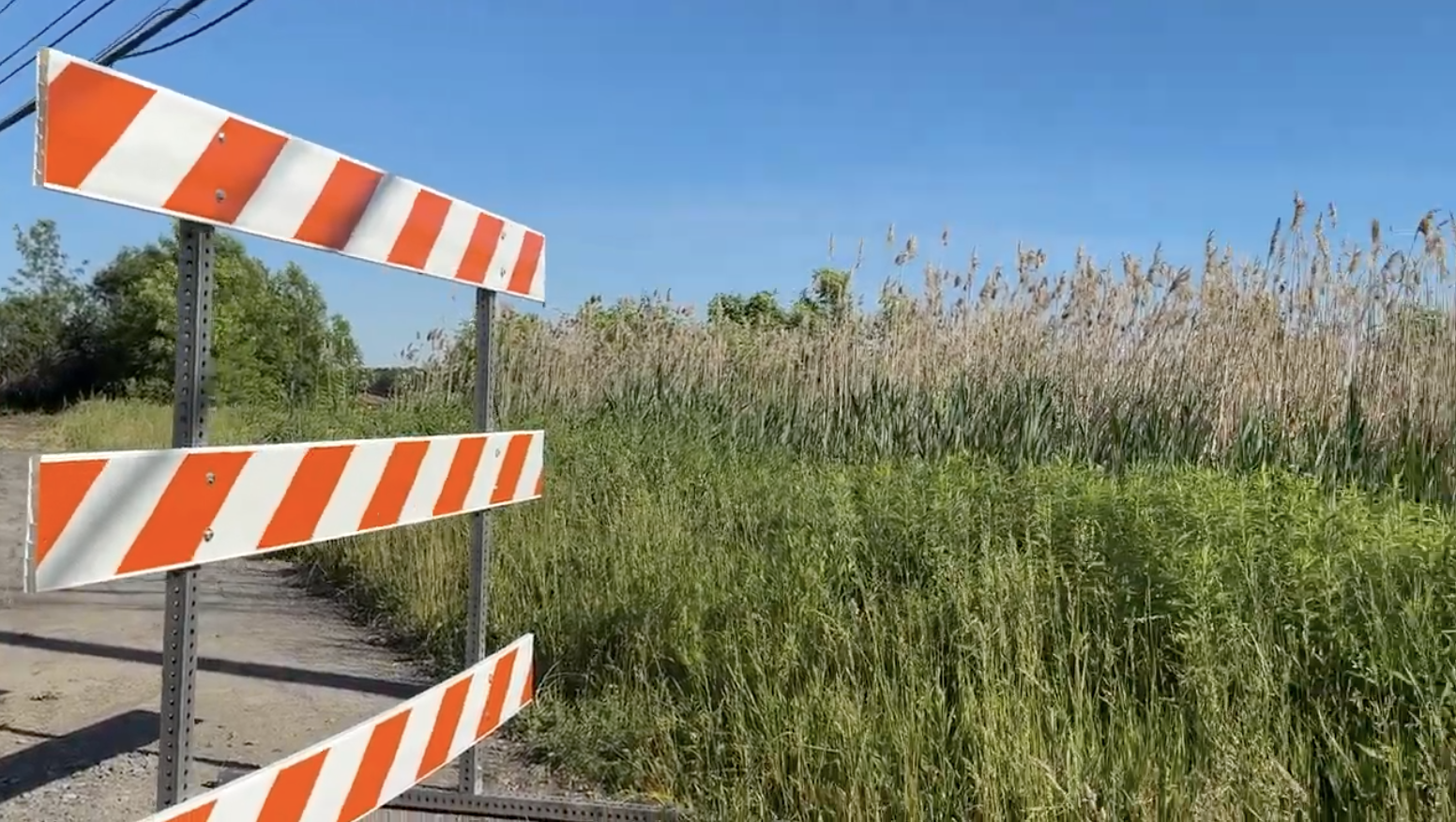 Orange and white construction barriers in front of a green field at the Micron site in Clay