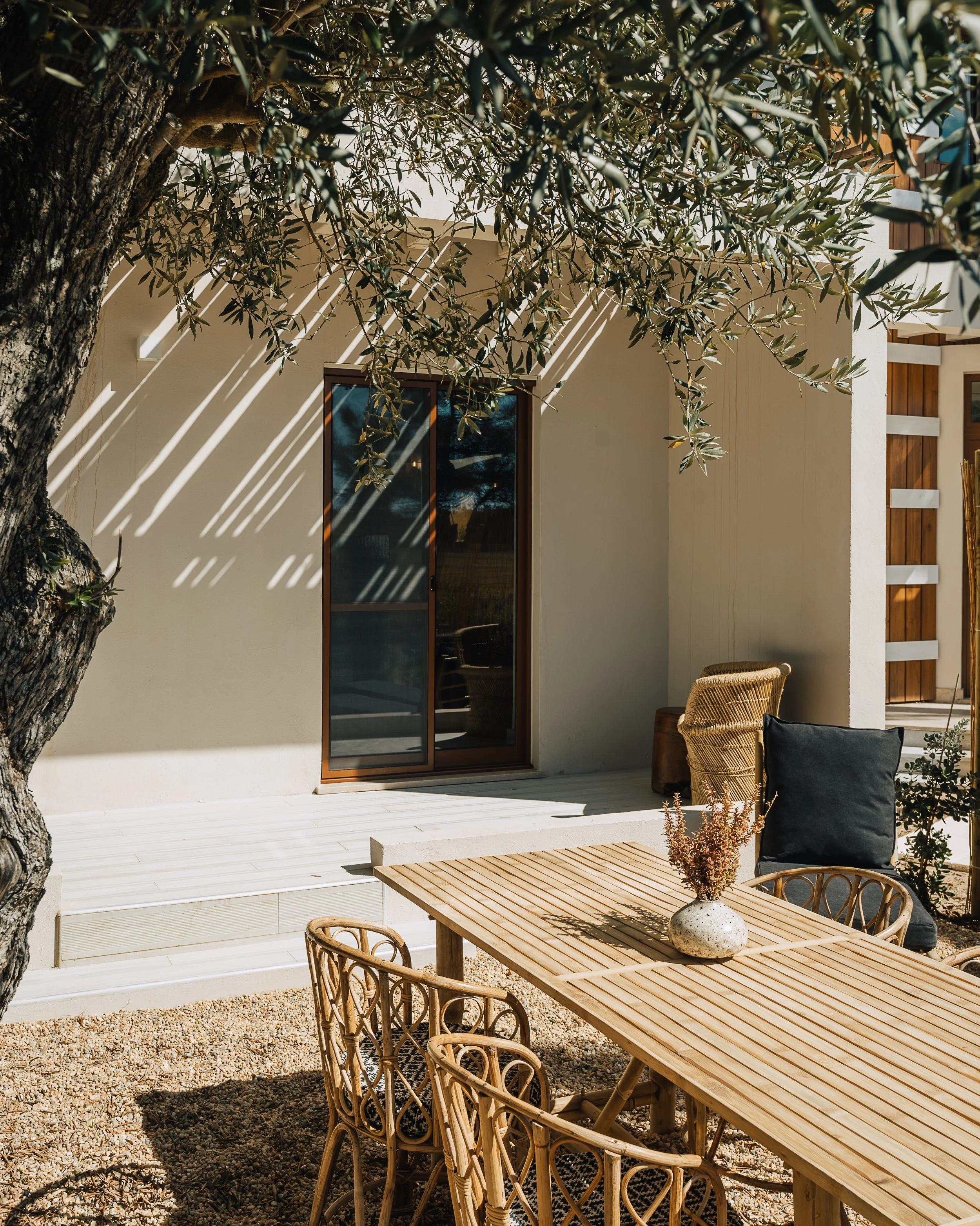 An outdoor patio area with a wooden table and wicker chairs, a potted plant, a large tree with branches and leaves, and a modern building with white walls and windows in the background.