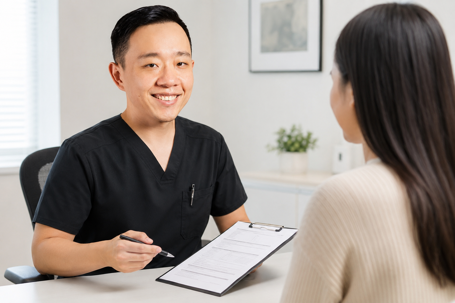 Dr. Hu reviewing medical forms with a patient before completing physician documentation