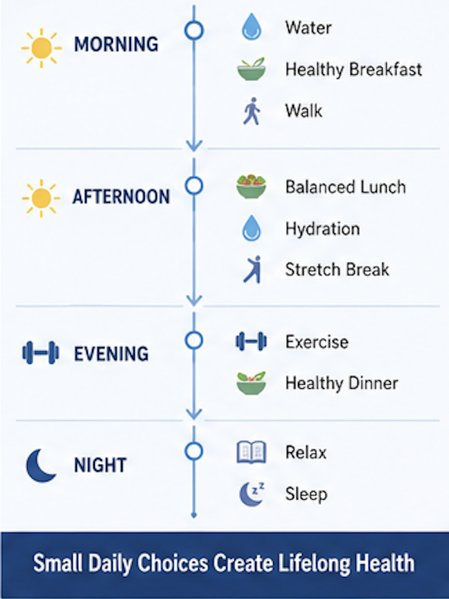 Daily healthy routine showing nutrition hydration exercise and sleep habits