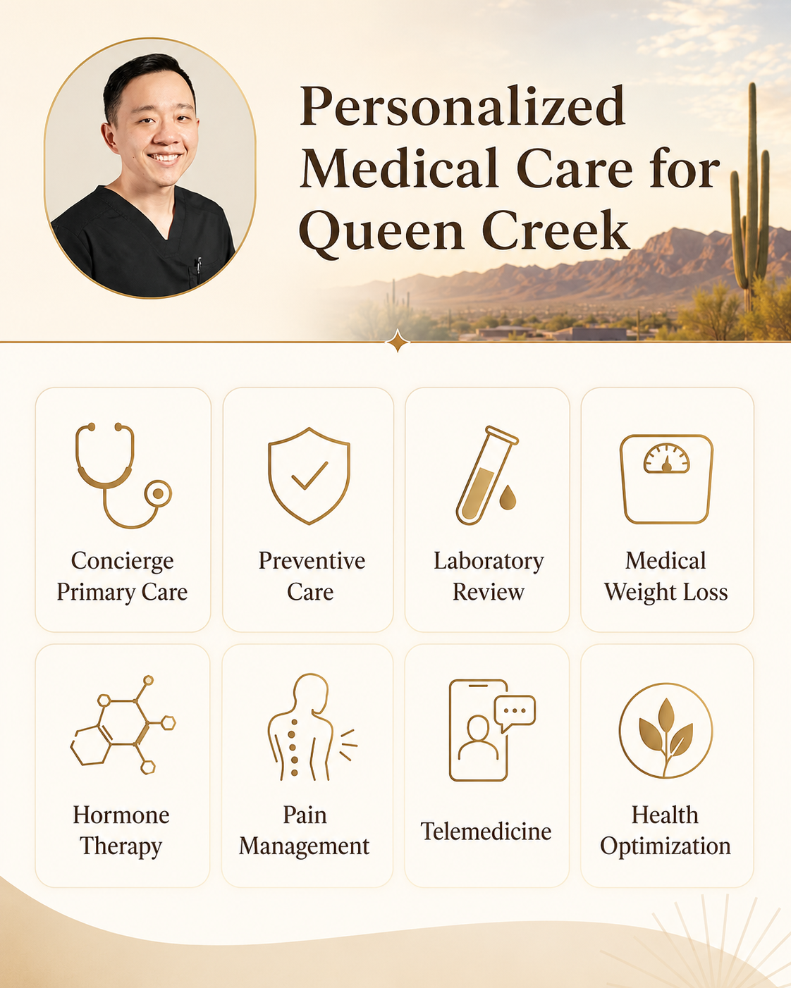 Poster featuring a smiling healthcare professional and text promoting personalized medical care for Queen Creek, with icons representing various healthcare services like primary care, preventive care, laboratory review, weight loss, hormone therapy, pain management, telemedicine, and health optimization.