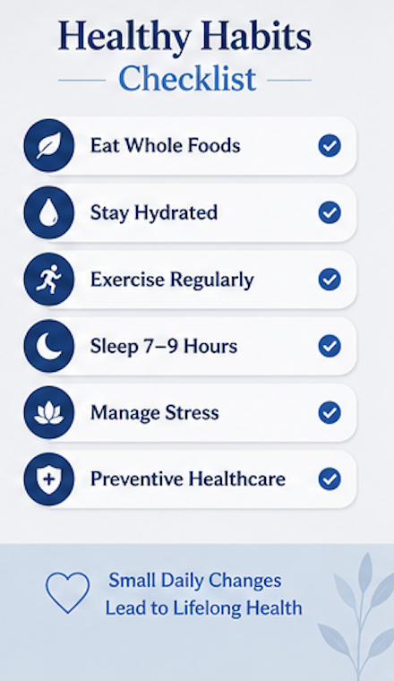 A health checklist titled 'Healthy Habits Checklist' with six items: Eat Whole Foods, Stay Hydrated, Exercise Regularly, Sleep 7-9 Hours, Manage Stress, Preventive Healthcare, each marked with a blue checkmark. At the bottom, it says 'Small Daily Changes Lead to Lifelong Health' with a heart icon.