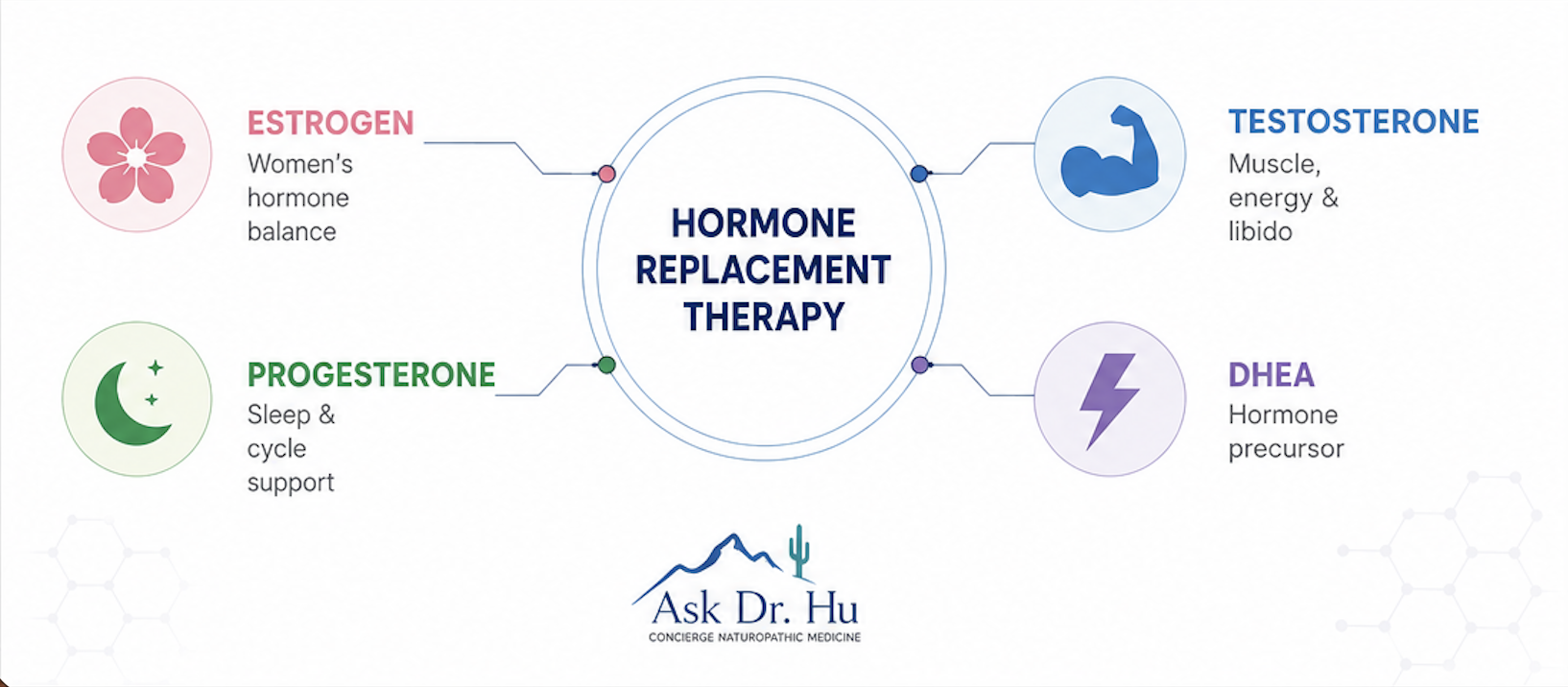 Infographic showing estrogen progesterone testosterone and DHEA used in hormone replacement therapy