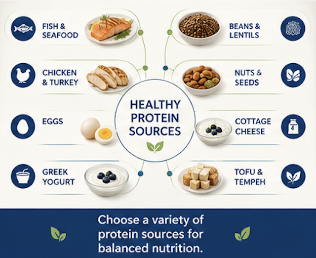 Infographic showing healthy protein food sources including fish chicken eggs yogurt beans lentils nuts seeds and tofu