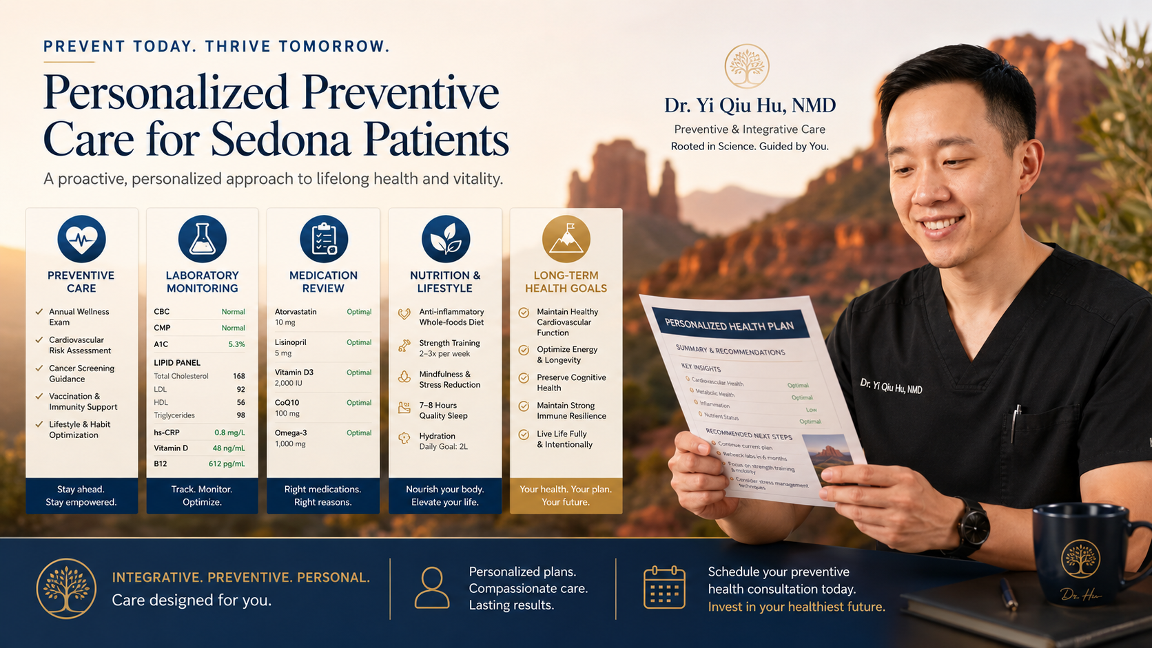 Dr. YiQiu Hu reviewing a personalized preventive healthcare plan for a Sedona patient