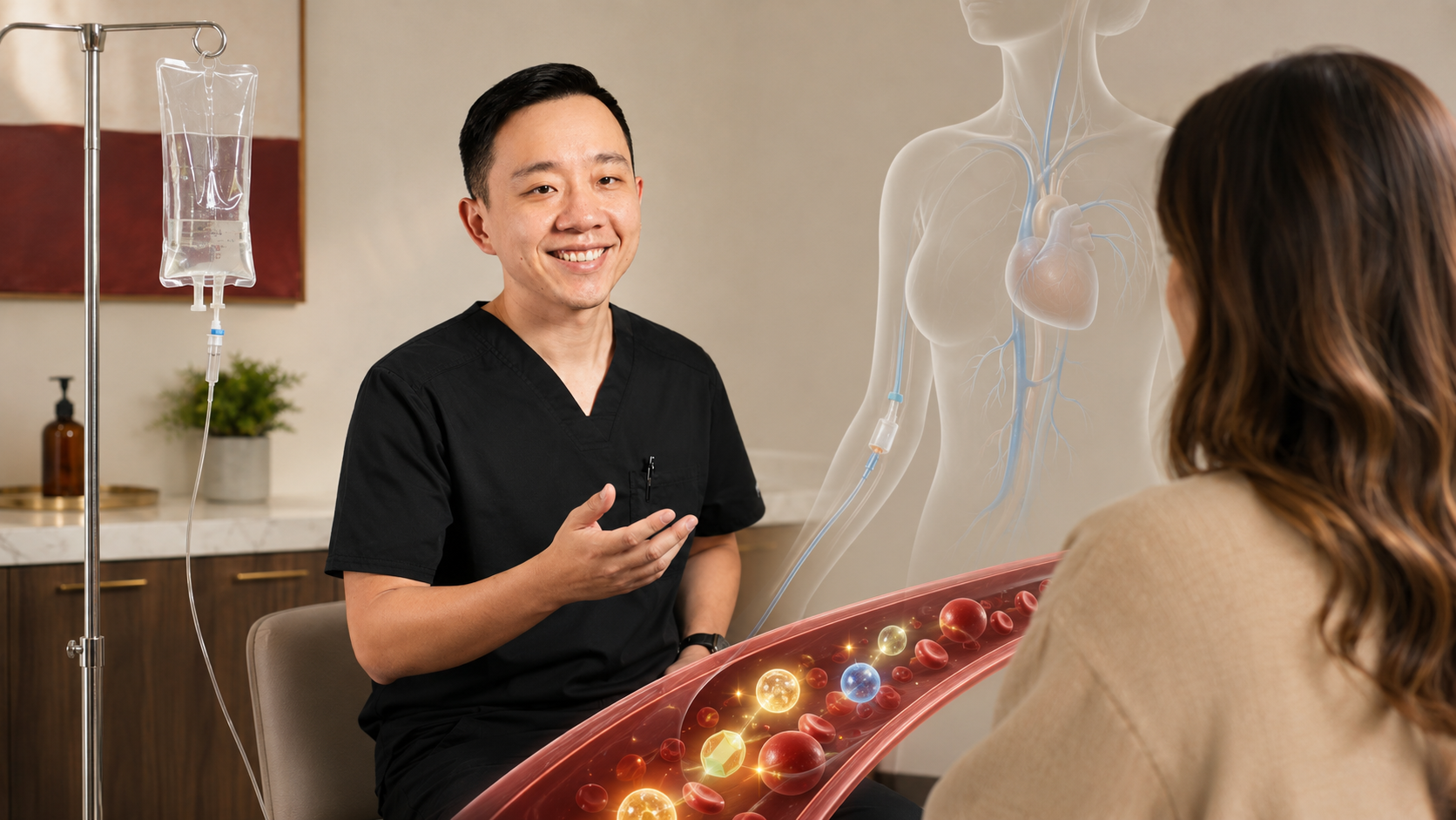 Illustration explaining how IV nutrient therapy delivers fluids and selected nutrients into the bloodstream