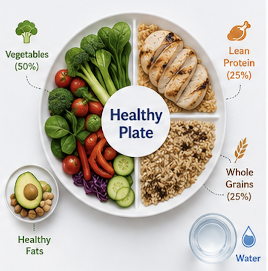 A round white plate divided into three sections labeled 'Healthy Plate'. The first section contains green vegetables like broccoli, spinach, cherry tomatoes, and cucumbers, labeled 'Vegetables 50%'. The second section has grilled chicken breast and whole grains, labeled 'Lean Protein 25%' and 'Whole Grains 25%'. The third section shows an avocado and nuts, labeled 'Healthy Fats'. A water glass is next to the plate.