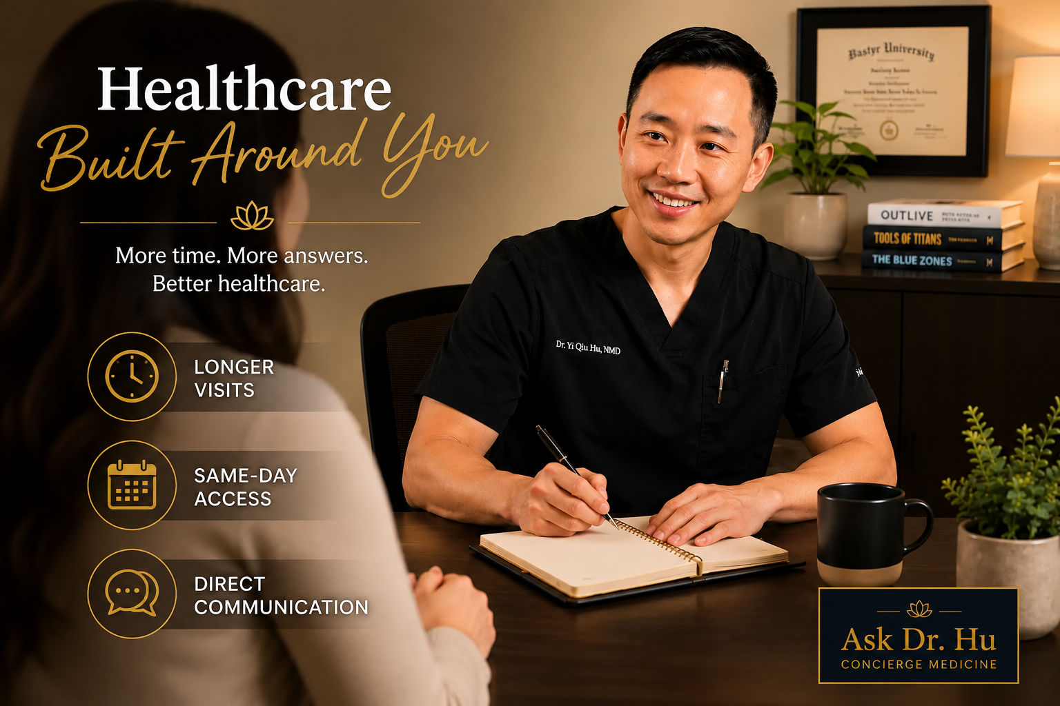 A healthcare professional, Dr. Yi Qiu Hu, smiling and taking notes during an appointment with a patient in a medical office. The background shows framed certificate, a potted plant, and a stack of books. Text promotes healthcare services with benefits like longer visits, same-day access, and direct communication.