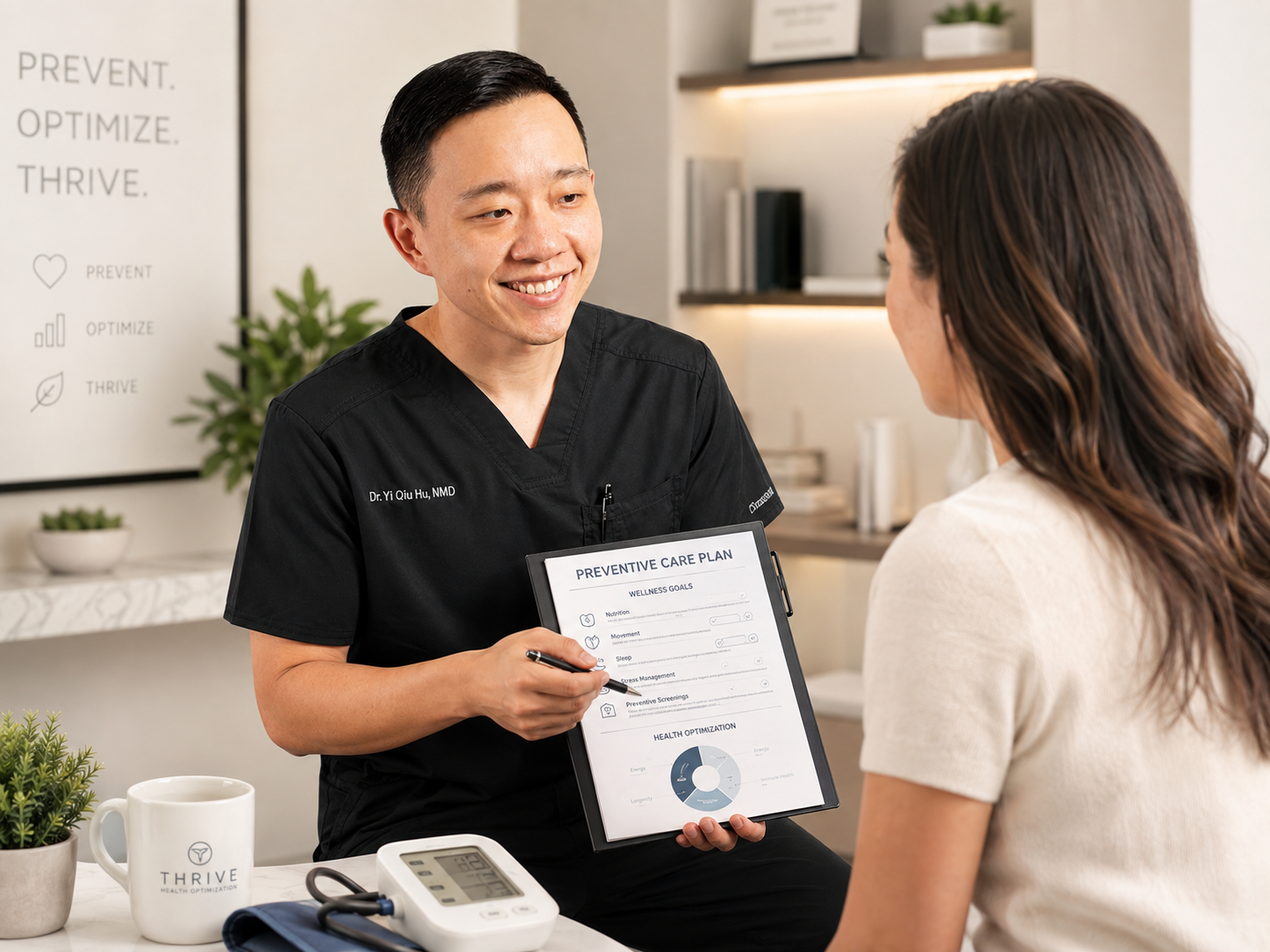 Dr. Hu reviewing a personalized preventive healthcare plan with a patient