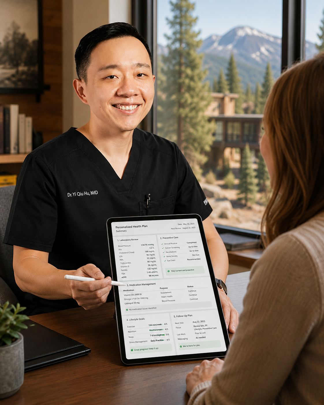 Dr. YiQiu Hu reviewing a personalized healthcare plan for a patient in Flagstaff, Arizona