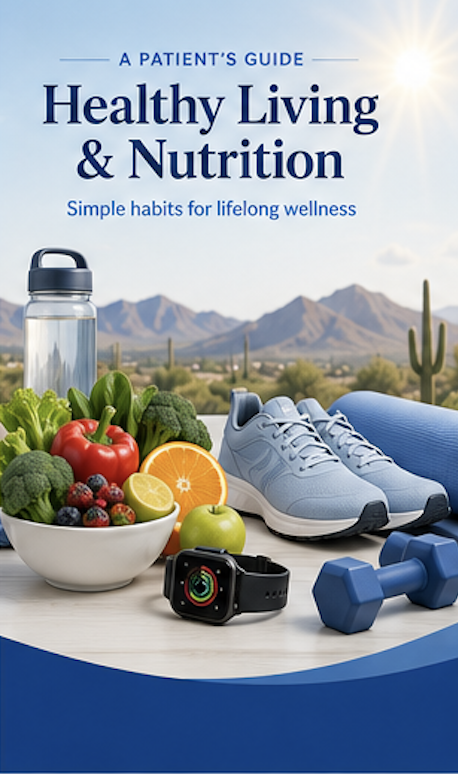 Cover of a patient guide titled 'Healthy Living & Nutrition' featuring fresh vegetables, orange and apple, a water bottle, blue sneakers, a smartwatch, and dumbbells with desert mountains and cacti in the background.