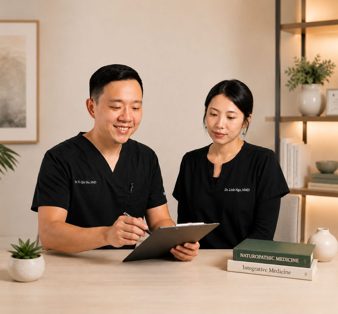Dr. Yi Qiu Hu and Dr. Linh Ngo discussing personalized treatment plans as part of concierge medicine and naturopathic healthcare in Arizona.