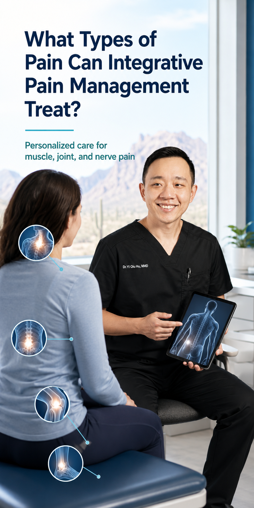 Physician discussing integrative treatment options for muscle joint nerve back and neck pain