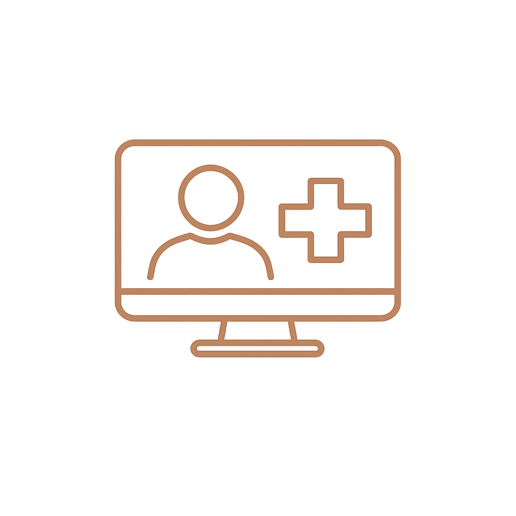 Electronic medical record icon on a computer screen with a profile silhouette and a medical cross sign.