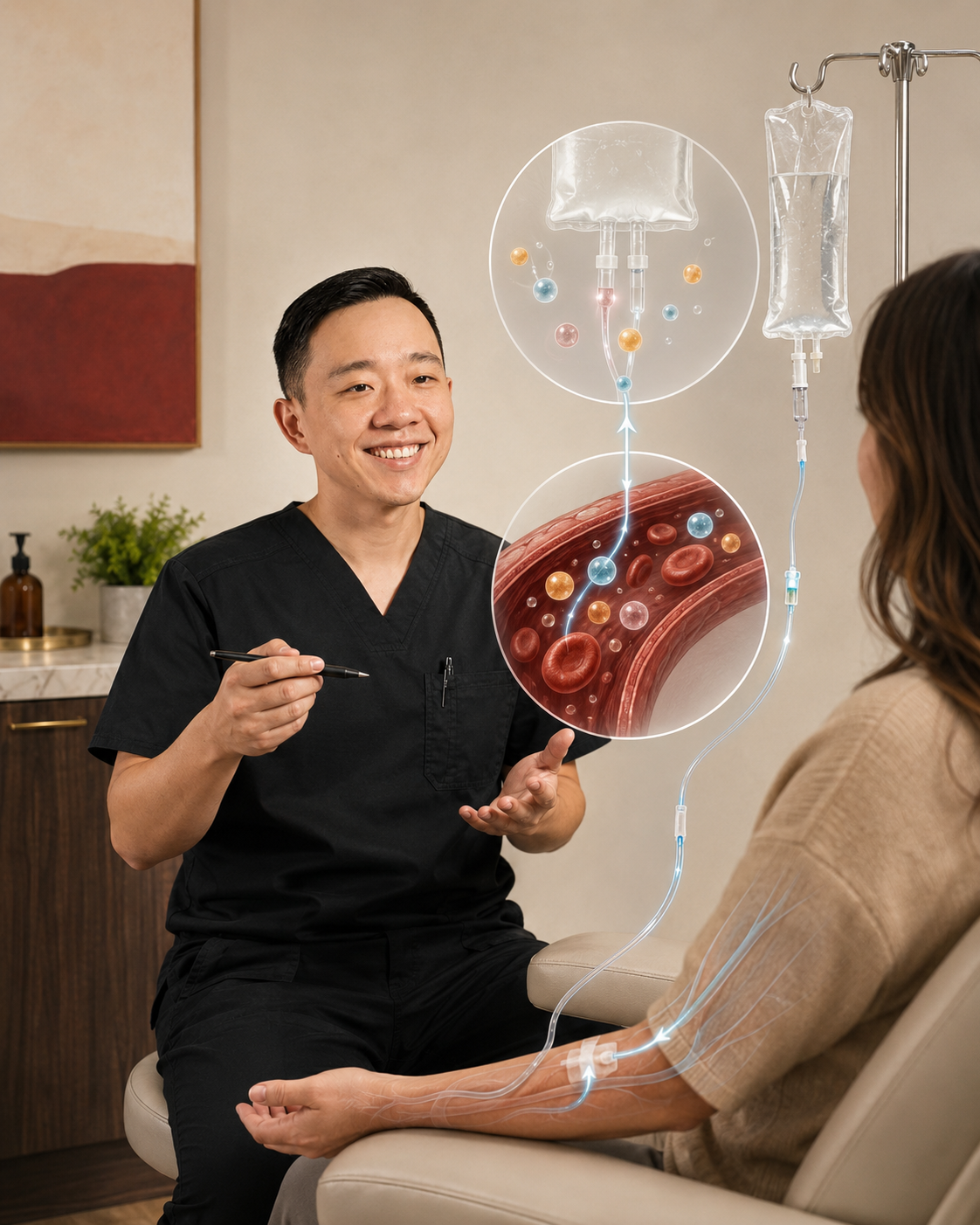 Illustration explaining how IV nutrient therapy delivers fluids and selected nutrients into the bloodstream