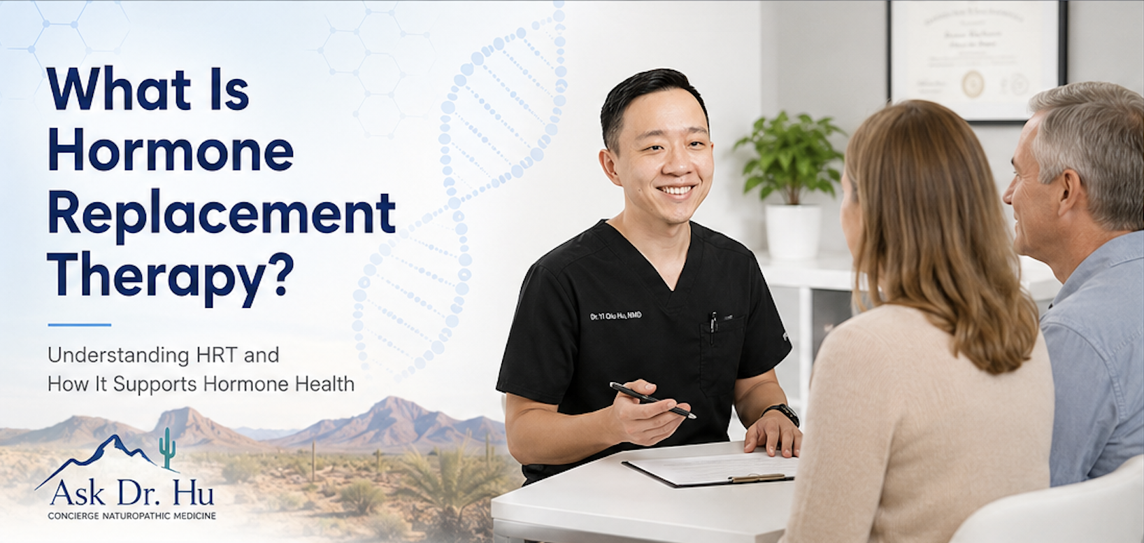 Hormone replacement therapy consultation with physician explaining hormone health and HRT treatment options