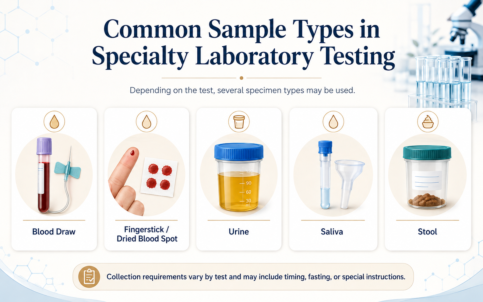 Blood, urine, saliva, and stool sample types used for specialty laboratory testing