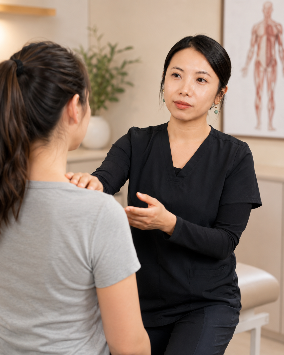 Dr. Linh Ngo performing a personalized pain management consultation with a patient