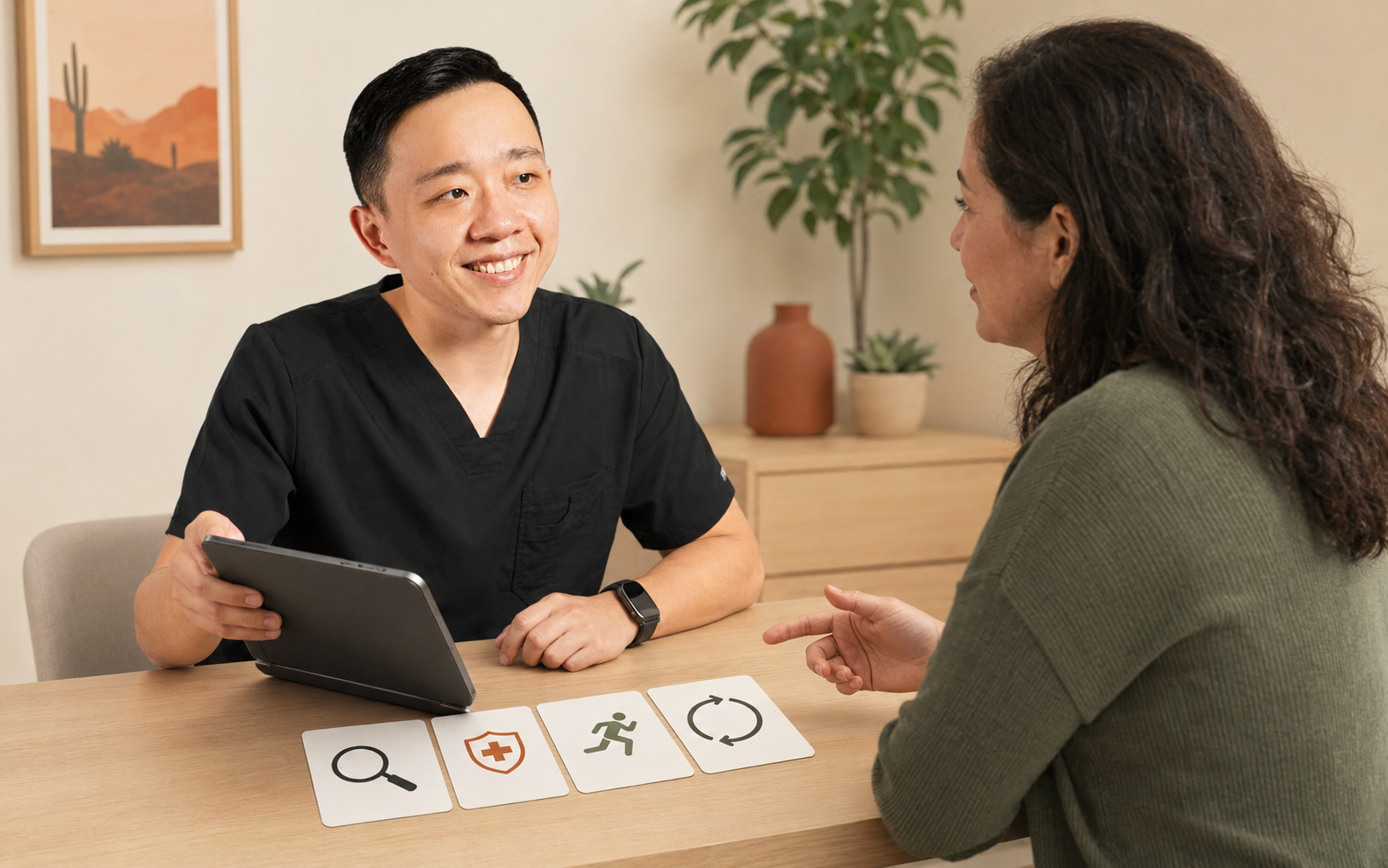 Physician organizing individualized preventive care priorities including screening, vaccines, lifestyle, and follow-up
