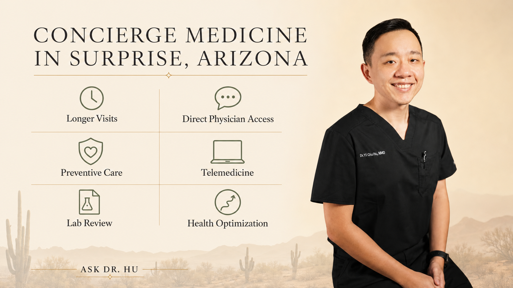 A medical professional in black scrubs standing next to a desert landscape background with cacti, alongside text about concierge medicine services in Surprise, Arizona.