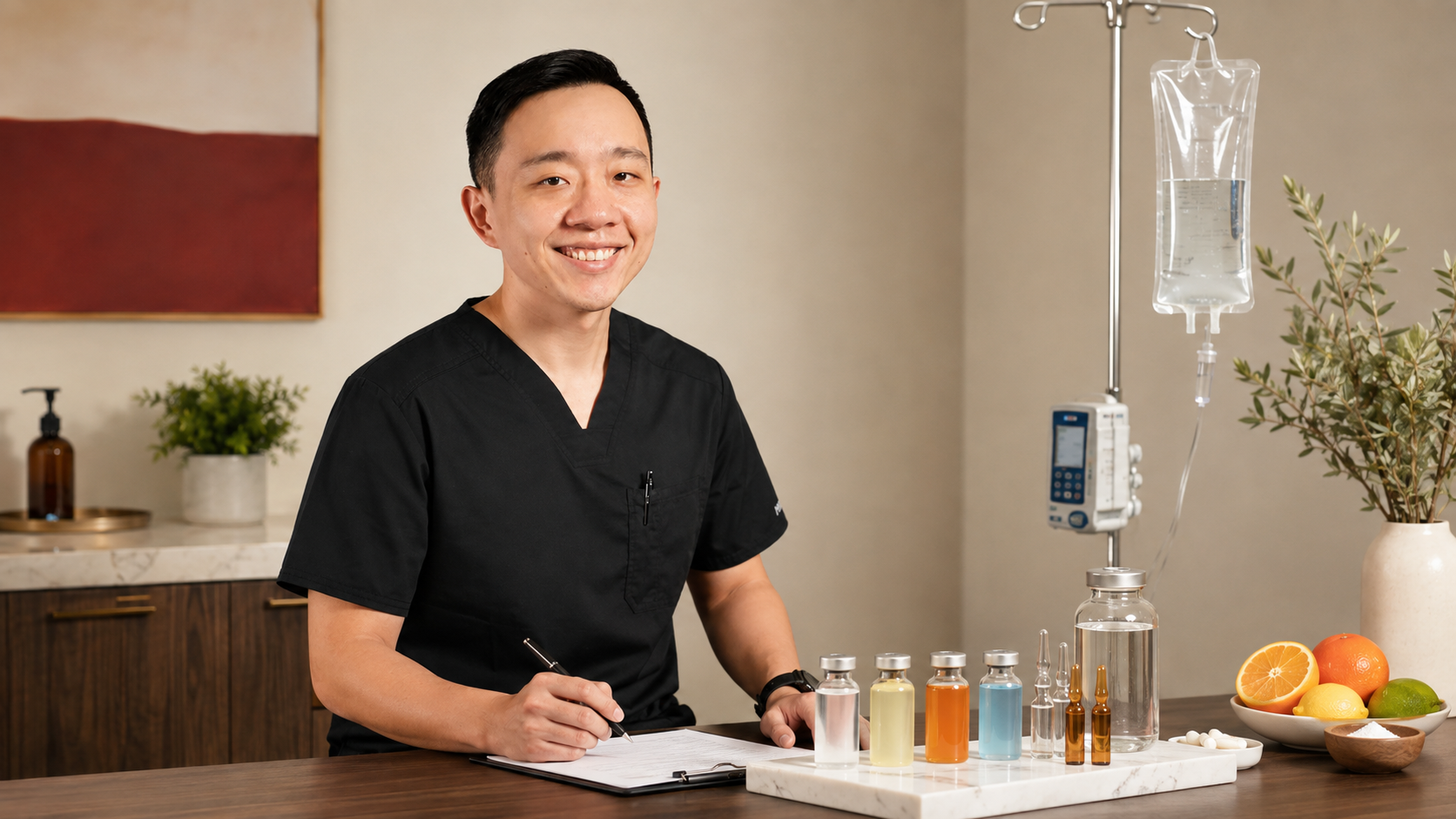 Common IV therapy ingredients including fluids, electrolytes, vitamin C, B vitamins, magnesium, and glutathione