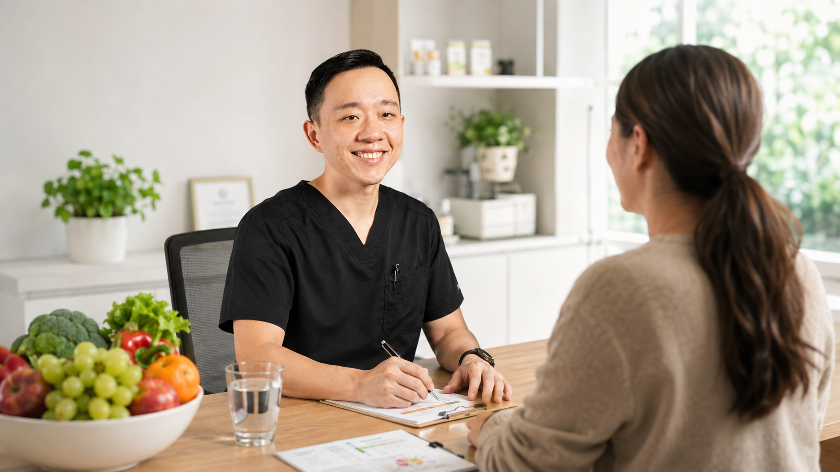 Physician discussing lifestyle changes for healthy aging and longevity with an adult patient in Arizona