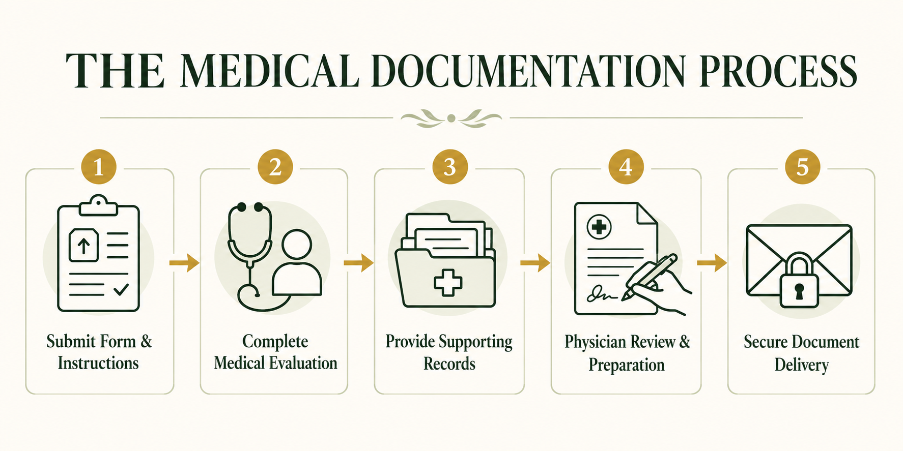Steps in the medical documentation process from evaluation to secure document delivery